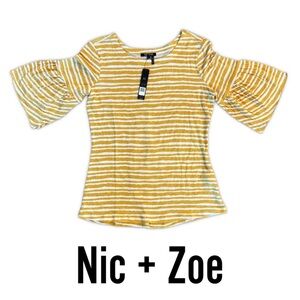 NWT: NIC+ZOE Mustard Striped Flutter Flare Sleeve Top XS Linen Modal Wild Honey